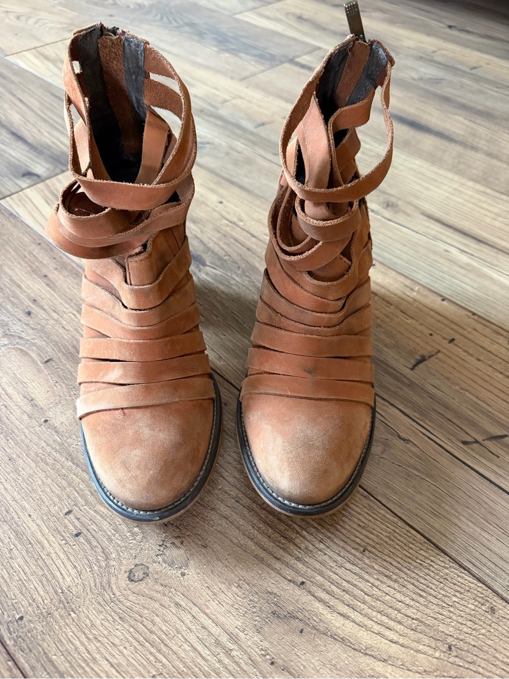 Free People Strappy Suede Booties Made in Portugal 38 Brown Leather cage heels